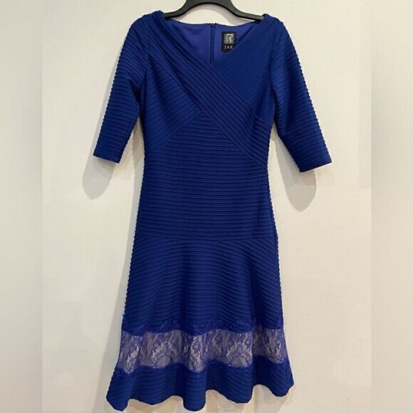 JAX Royal Blue Lace Bandage Fit & Flare V-Neck Cocktail Dress - Picture 1 of 4